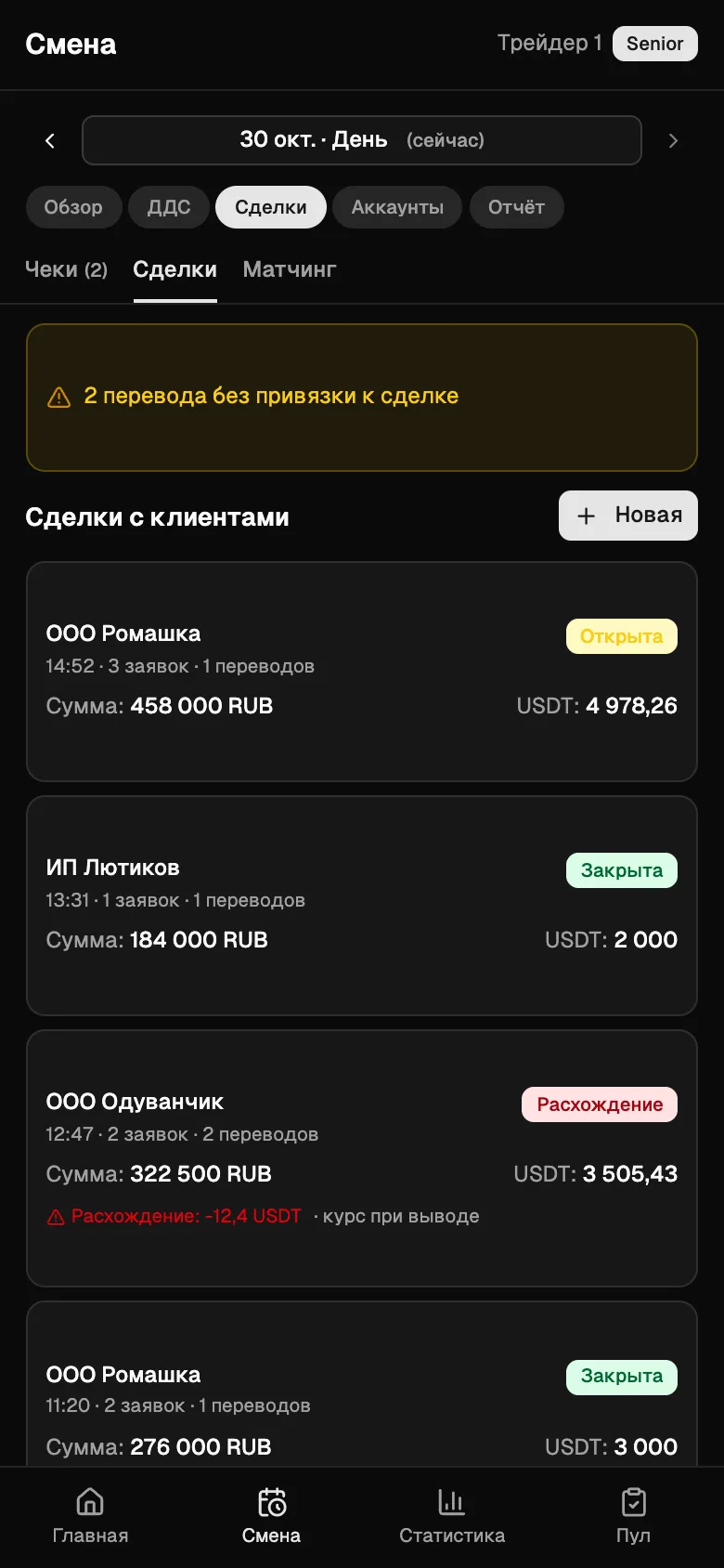 Мобильное приложение трейдера со сделками смены